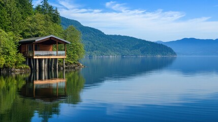 Obraz premium Serene Lakeside Cabin on Pillars Surrounded by Lush Green Forest Landscape