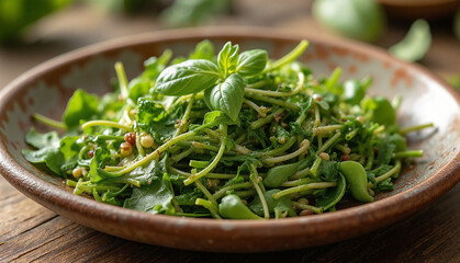 Fresh Herb Salad on Ceramic Plate in Minimalist Outdoor Setting
