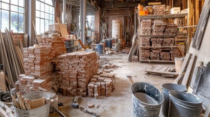 A cluttered workshop filled with building materials.