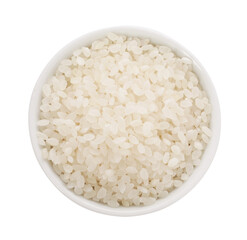 Raw rice in bowl isolated on white, top view
