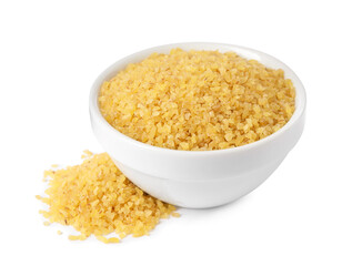 Raw bulgur in bowl isolated on white
