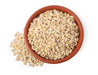 Pearl barley groats in bowl isolated on white, top view