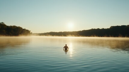Serene Sunrise View Over Calm Water with Silhouette of Person in Distance