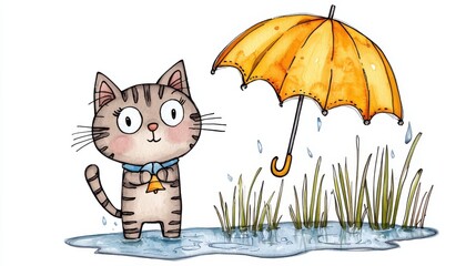 Obraz premium Cute Cartoon Cat Holding Colorful Umbrella in Rainy Field Scene