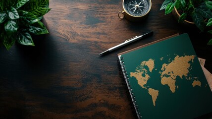 Gold Setting Travel Concept, A cozy workspace featuring a world map notebook, compass, plants, and a pen, perfect for adventure planning and exploration.