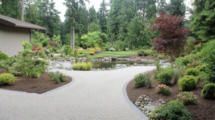 Obraz premium Tranquil Landscape with Curved Pathway and Serene Pond Surrounded by Greenery