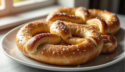 Freshly Baked Pretzel on White Plate in Bright Setting Close-Up