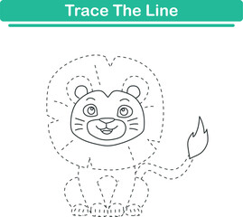 Trace line worksheets for children. Preschool handwriting practice with lion. Vector illustration