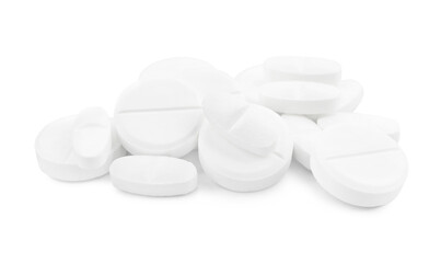 Pile of antibiotic pills on light grey background, closeup