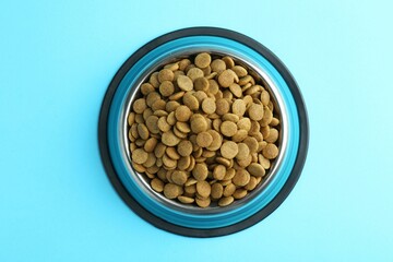Dry pet food in feeding bowl on light blue background, top view