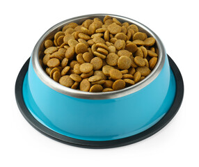 Dry pet food granules in feeding bowl isolated on white