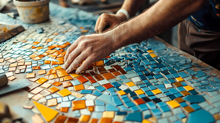A skilled mosaic artist assembling vibrant mosaic patterns for a decorative installation. Mosaicism. Illustration