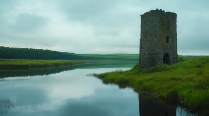Serene Landscape with Ancient Tower by Calm River Under Overcast Sky