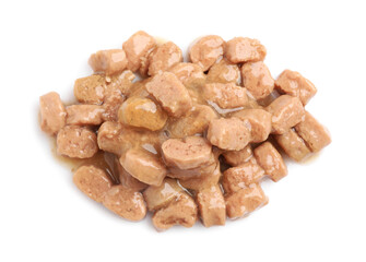 Pieces of wet pet food isolated on white, top view