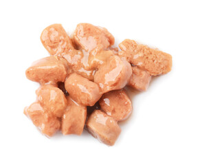 Pieces of wet pet food isolated on white, top view