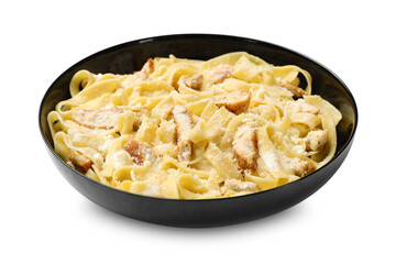 Tasty Alfredo pasta with chicken isolated on white