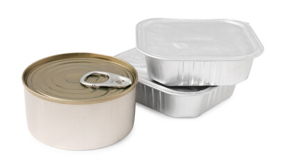 Pet food in foil containers and tin can isolated on white