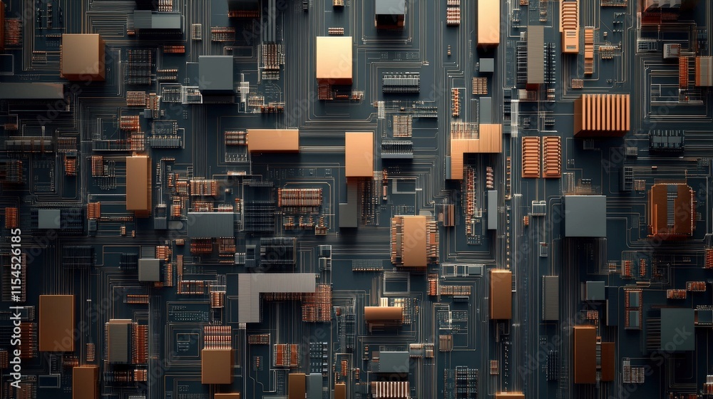 Poster Abstract Representation of a Complex Circuit Board Composition with Metallic Components and Intricate Patterns Highlighting Technology and Innovation