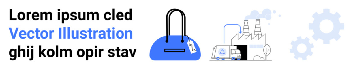 Template text overlay, blue handbag with a tag, factory with industrial plants, gears in background. Ideal for business, industrial presentations, marketing materials, e-commerce, SEO themes