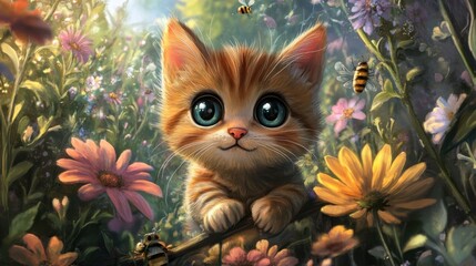 A cute kitten with big eyes in a vibrant flower-filled garden.