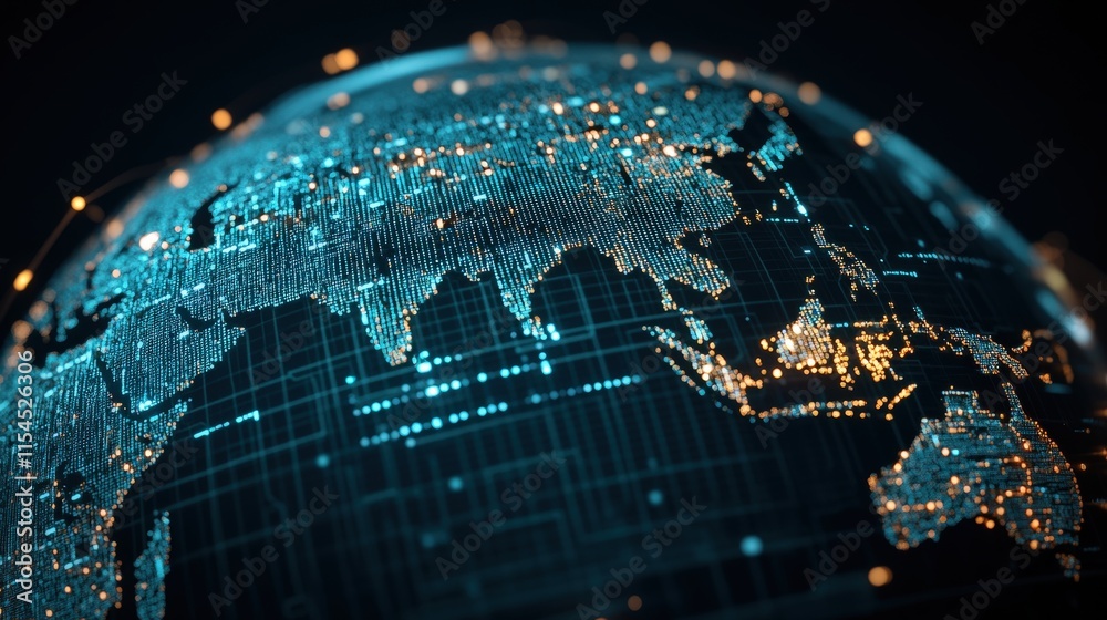 Poster Futuristic Digital Globe with Bright Data Points and Network Connections Over Asia, Highlighting Technology, Globalization, and Data Visualization Concepts in a Dark Environment