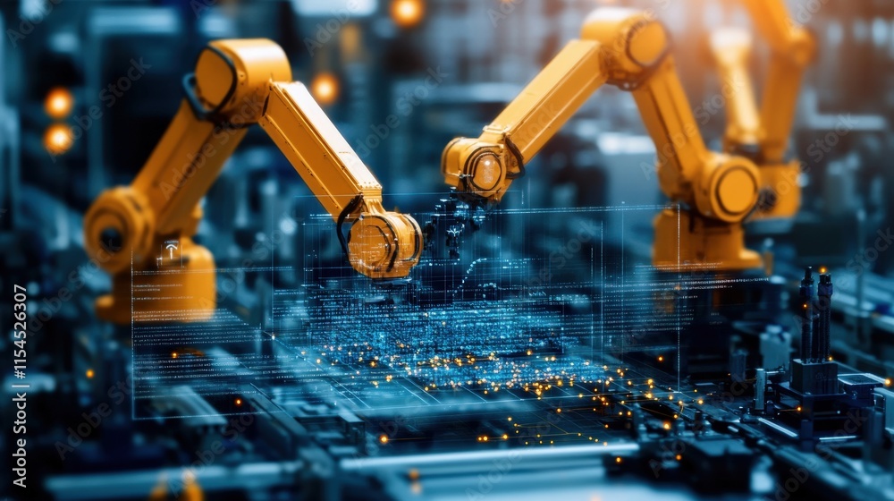 Aufkleber Robotic Arms in a Smart Factory: Advanced Automation Technology for Manufacturing Processes and Industry 4.0 Concepts with Data Integration and Connectivity Visuals