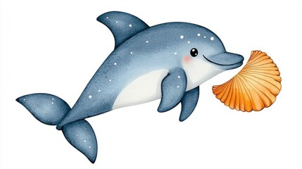 Obraz premium Smiling Cartoon Dolphin Swimming Underwater in the Ocean with Seashell