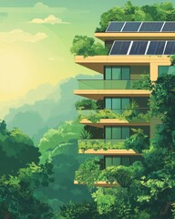 A modern eco-friendly building surrounded by lush greenery and sunlight.