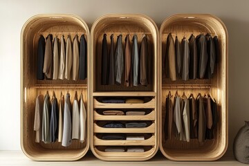 A set of wooden racks designed for clothing storage, offering an aesthetically pleasing and functional solution for garment organization.
