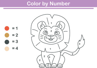 Color by numbers. Coloring page for kids. Coloring with cute lion. Vector illustration