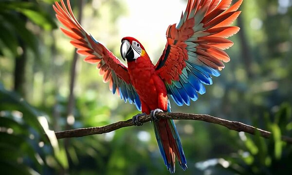 A vibrant red macaw spreads its wings on a branch in a lush forest.