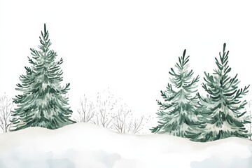 Obraz premium A snowy landscape with two evergreen trees in the foreground