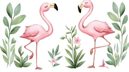 Obraz premium Vibrant Flamingo Pair Amid Lush Tropical Foliage