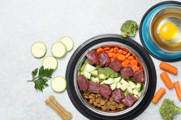 Dry pet food and natural products on light table, top view