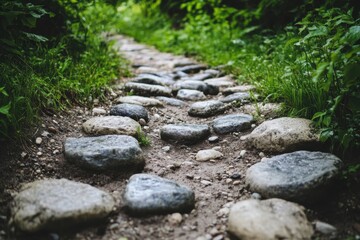 Scattered river stones creating a path, high-angle composition, overcast natural lighting
