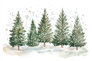 Obraz premium A painting of a row of evergreen trees with snow on them