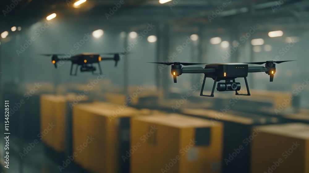 Poster advanced drones flying in a modern warehouse for efficient delivery and inventory management in an i