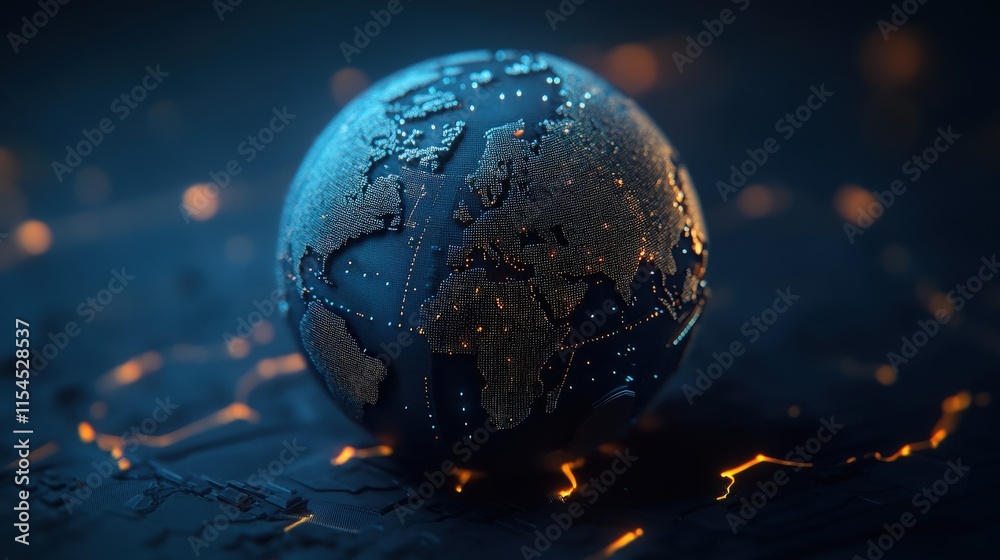 Poster stunning 3d render of a metallic globe surrounded by glowing lights, representing global connectivit