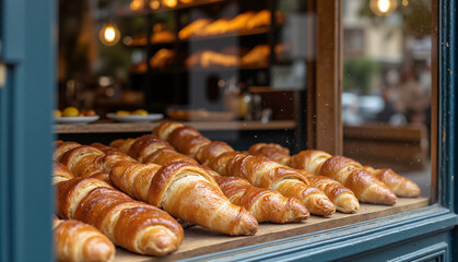 French Bakery Window with Display of Fresh Croissants and Soft Morning Light Reflections
