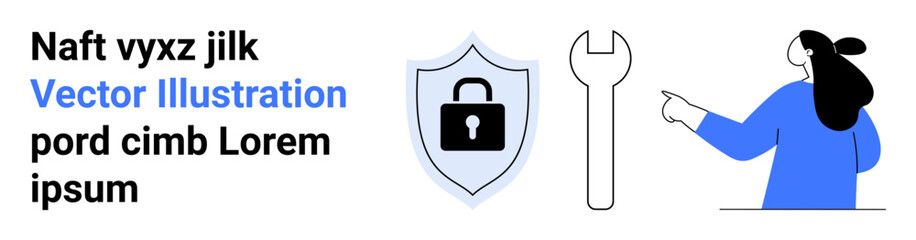 Female figure pointing right, a shield with a lock icon symbolizing security, and a large wrench. Ideal for tech support, cybersecurity, web development, maintenance, education, software tutorials