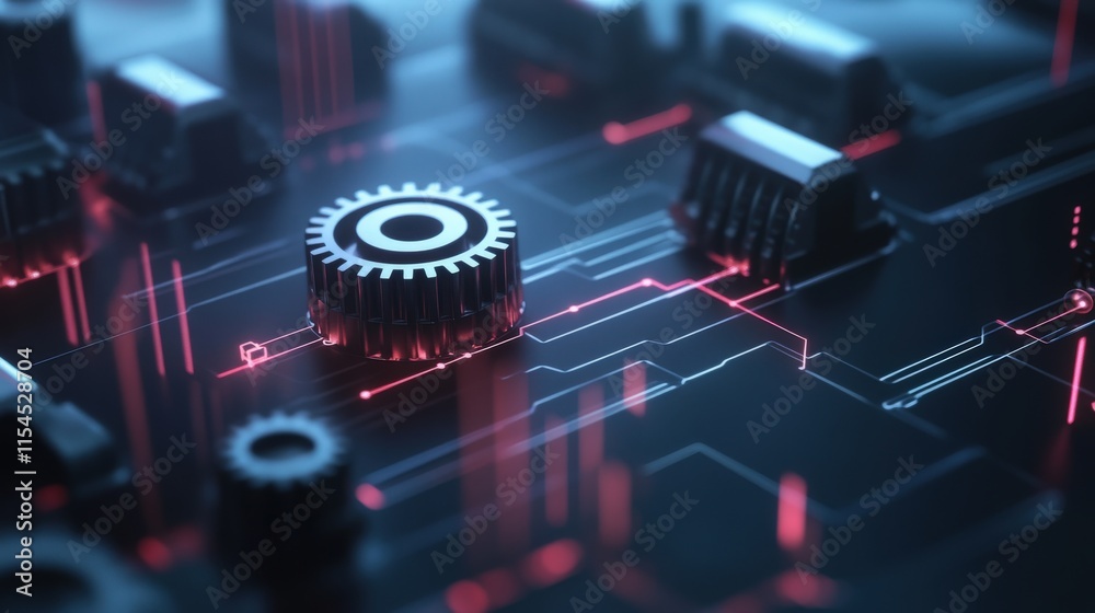 Poster futuristic circuit board with gears and neon electric pathways, illustrating advanced technology and