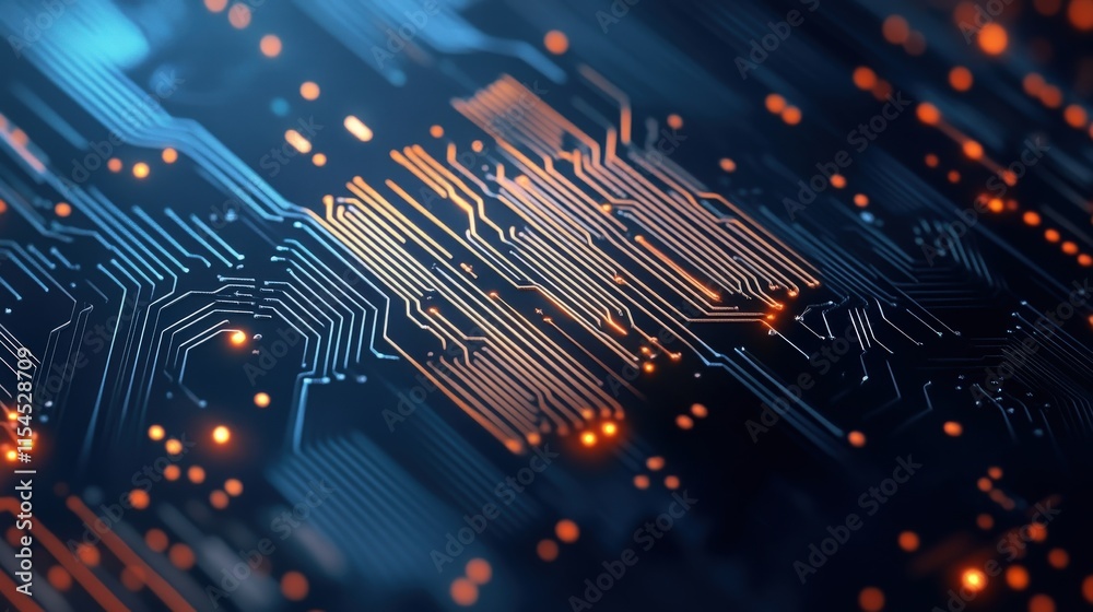 Poster Abstract Digital Circuit Board Background with Glowing Elements and Patterns in Blue and Orange Colors for Technology and Innovation Concept