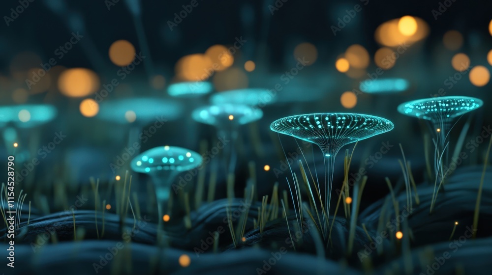 Poster ethereal glowing mushrooms with soft bokeh background, fantasy illustration of neon flora in a mysti
