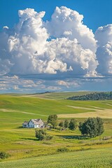 Obraz premium A serene landscape featuring a house amidst rolling green hills and clouds.