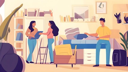 Family Teamwork Assembling Furniture in a College Dorm Room