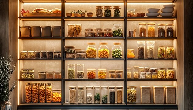 A sleek modern kitchen pantry featuring beautifully organized shelves with various food items, emphasizing both functionality and aesthetic appeal.
