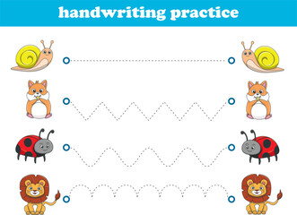 Handwriting Practice. Tracing lines for kids with animals. Vector Illustration