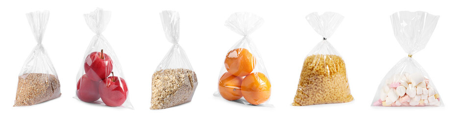 Plastic bags with different products isolated on white, set