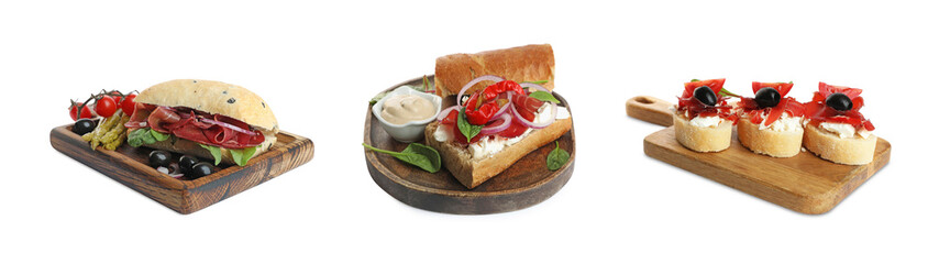 Sandwiches with bresaola isolated on white, collage