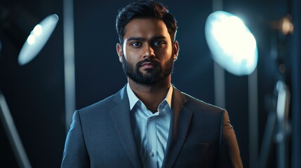 A video portrait of an Indian businessman in a professional studio setting, exuding confidence and readiness for the corporate world.